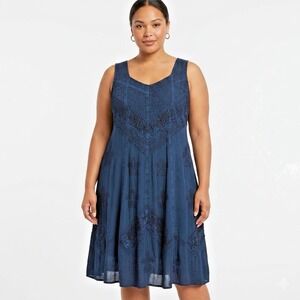 HolyClothing Shift Dress Womens 3X Blue Embroidered Boho Renaissance Festival